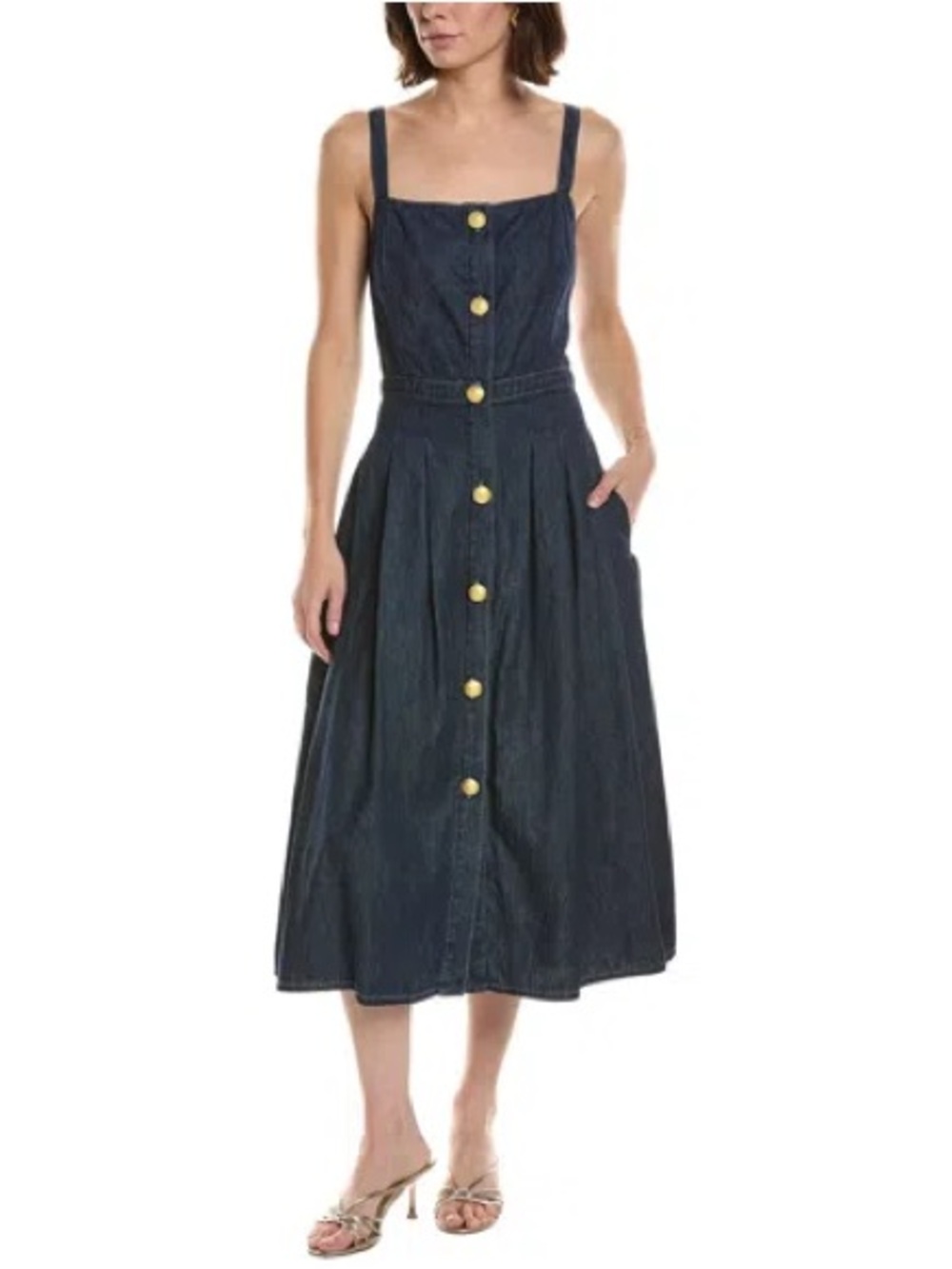 L’AGENCE Esmeralda Dark Denim Midi Dress with Button Front